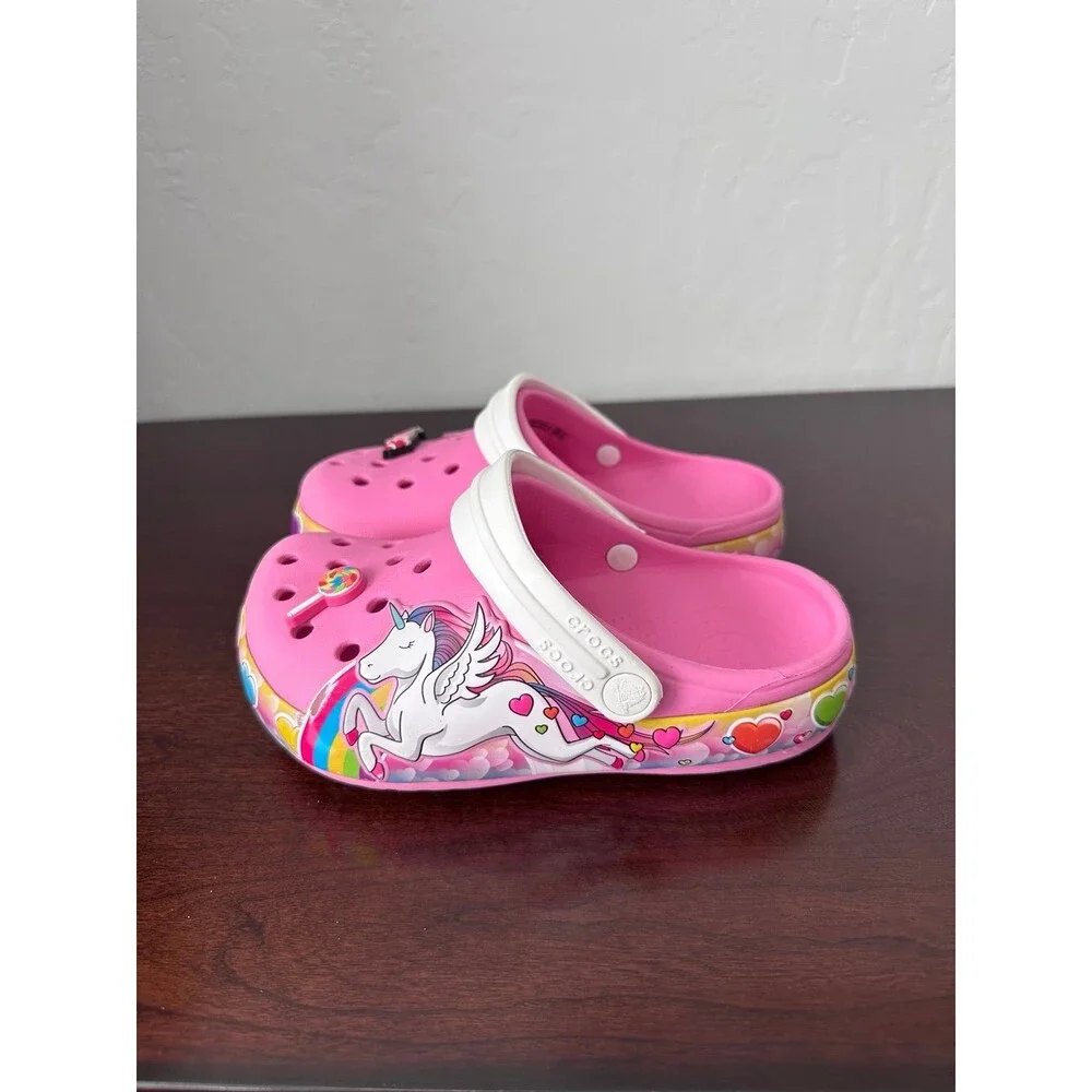 Crocs J1 Kids Pink Unicorn Rainbow Hearts Clogs Jibbitz Shoes Good Condition